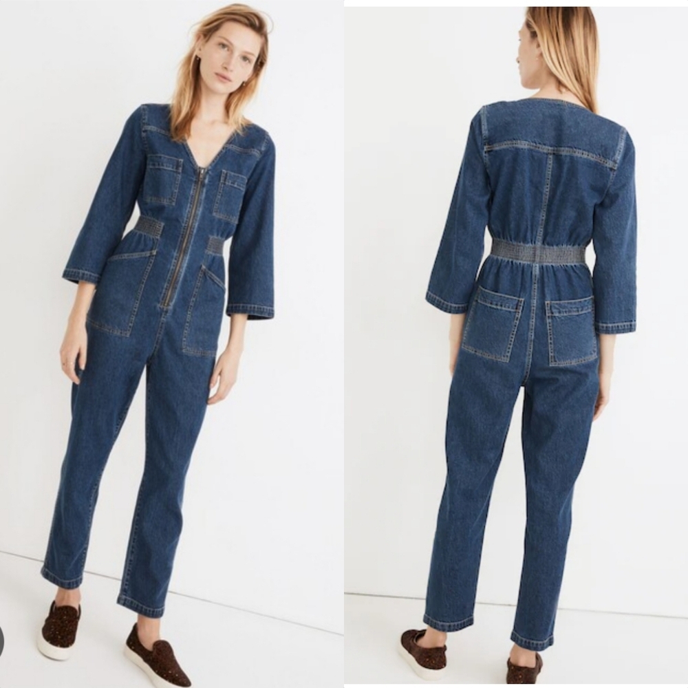 Madewell Patch Pocket V Neck Staight Ankle Zip Up Denim Jumpsuit Coveralls